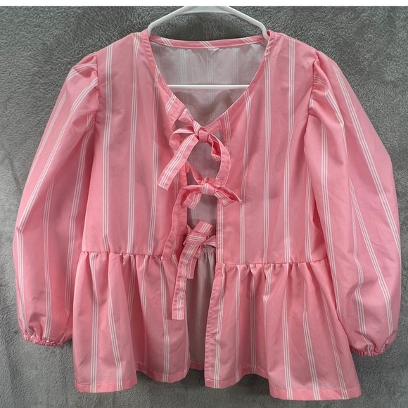 Unbranded Tops - Pink White M Striped Tie Front Peplum Puff Sleeve Jacket Coquette Babydoll Girly